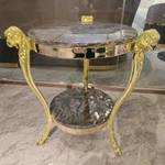 Round Natural Stone Sofa Side Table with Sculpted Ram-Head Gold-Tone Metal Legs and Lower Display Shelf